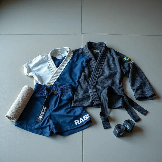 Folded BJJ rashguard, shorts, and gi laid out with hand wraps and a towel