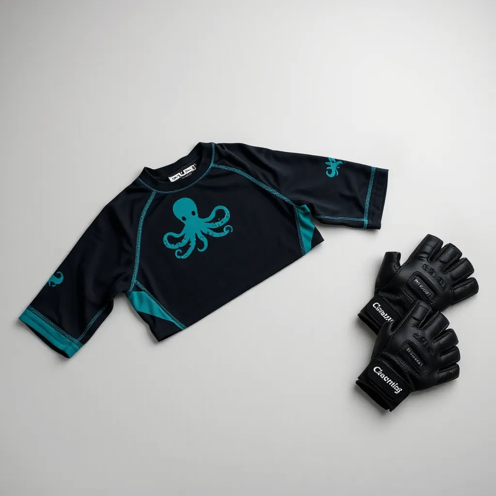 Folded octopus-themed rashguard and grappling gloves on a clean neutral studio background