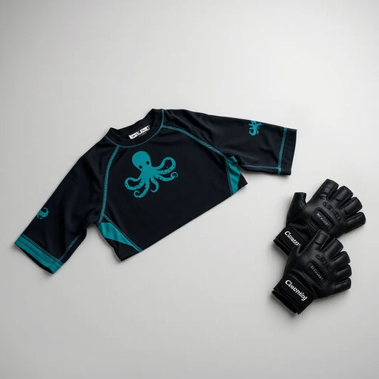 Folded octopus-themed rashguard and grappling gloves on a clean neutral studio background