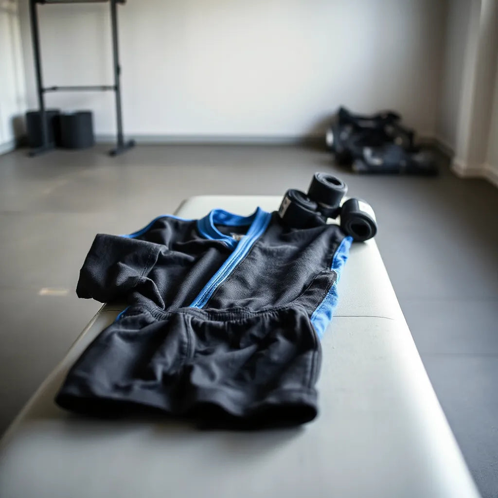 Neatly arranged BJJ rashguard on a bench with training gear in a clean gym setting