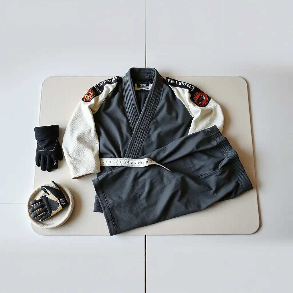 Customized jiu-jitsu gi and rash guard laid on a mat with a measuring tape nearby