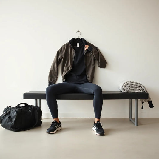 Neatly arranged stylish training outfit on a bench with athletic shoes and a duffel bag nearby