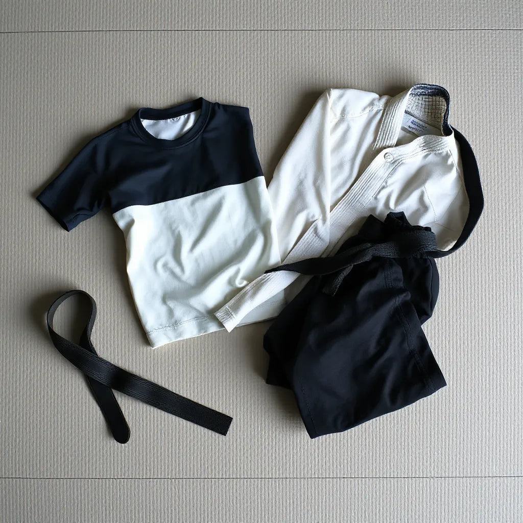 Folded breathable rashguard, training shorts, and gi fabric pieces on a neutral mat.