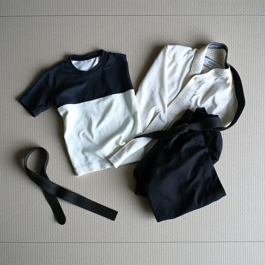 Folded breathable rashguard, training shorts, and gi fabric pieces on a neutral mat.