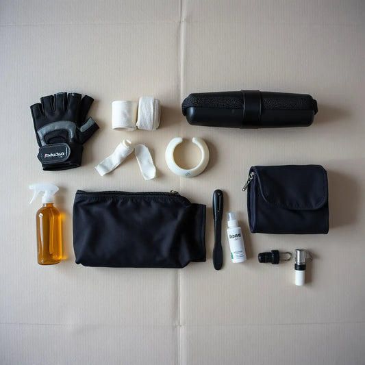 Assorted Brazilian jiu-jitsu training accessories neatly arranged on a mat, including wraps, mouthguard, and gear bag