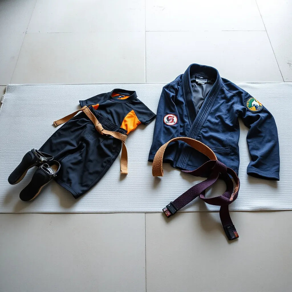 Neatly arranged rashguard and BJJ shorts set on a training mat with a folded gi jacket nearby