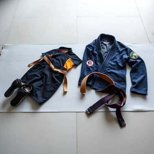 Neatly arranged rashguard and BJJ shorts set on a training mat with a folded gi jacket nearby