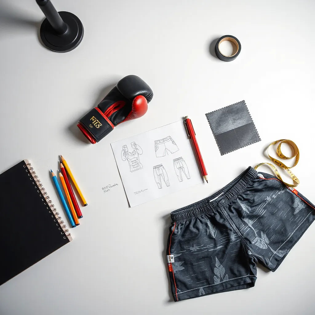 Original fighter design sketches and training apparel prototypes laid out on a clean worktable