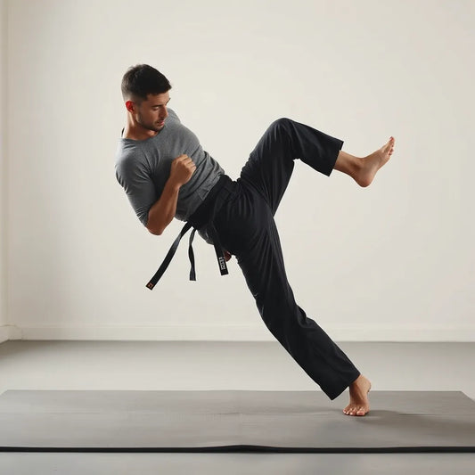 Martial artist in reinforced rash guard and training pants practicing grappling on a gym mat