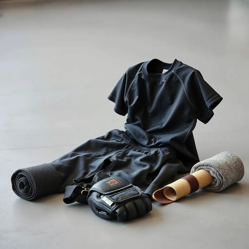 Durable combat training gear laid out in a gym setting with gloves and wrapped hands