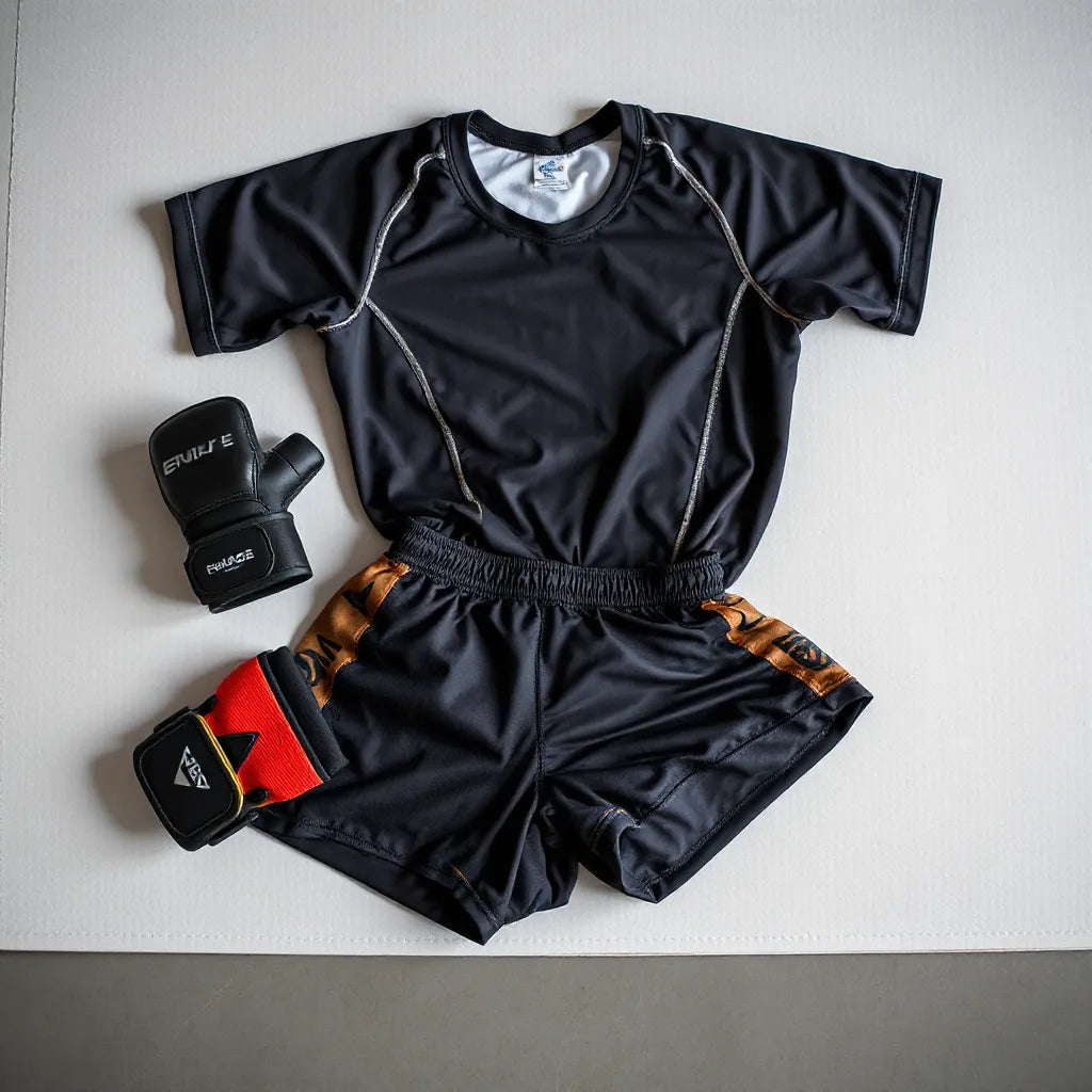 Fitted rash guard and grappling shorts on a training mat with visible breathable fabric and reinforced seams