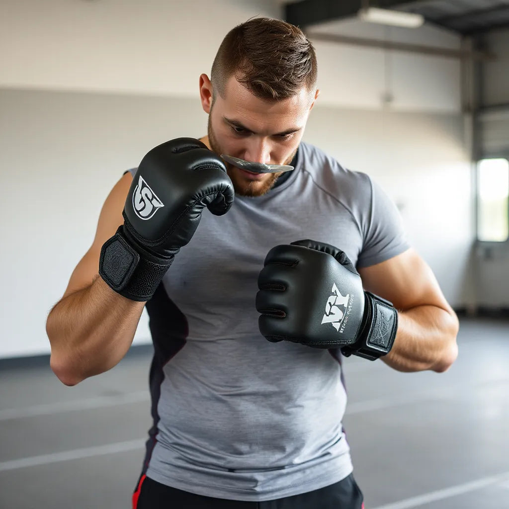 Athlete adjusting well-fitted combat training gear including rashguard and gloves in a clean gym setting