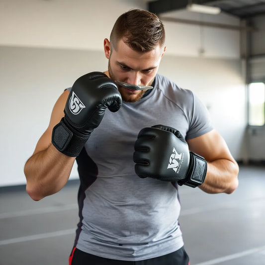 Athlete adjusting well-fitted combat training gear including rashguard and gloves in a clean gym setting