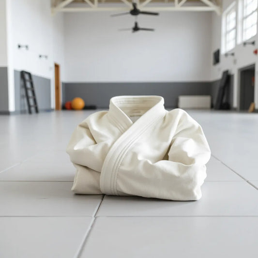 Folded BJJ gi uniforms on a training mat, showing breathable fabric and reinforced seams for comfort