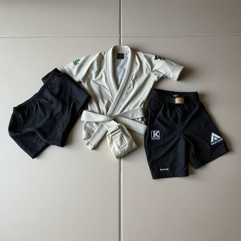 Grappling gi top and pants with rashguard and training shorts laid on a mat, showing fabric texture.