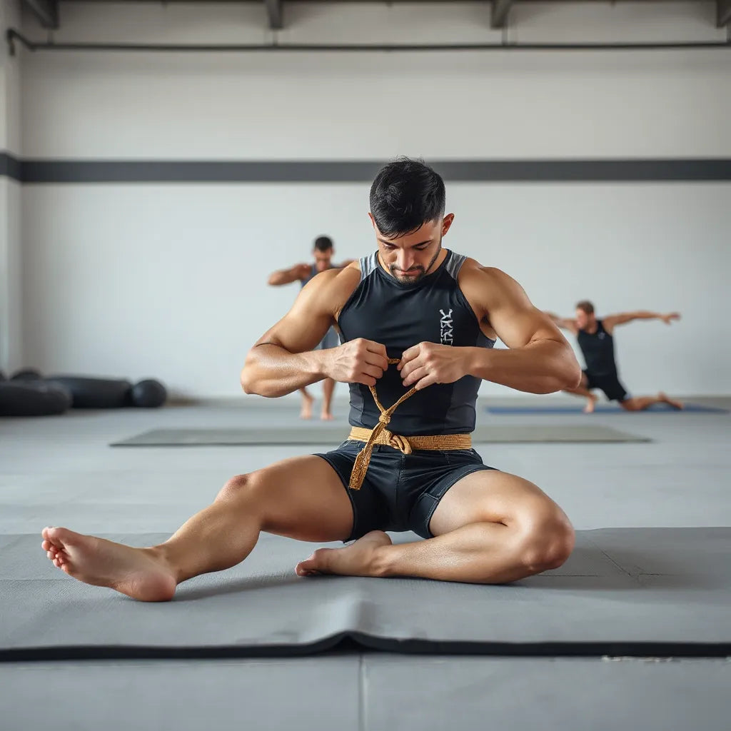 Athlete adjusting a breathable BJJ rashguard on a training mat in a modern gym setting