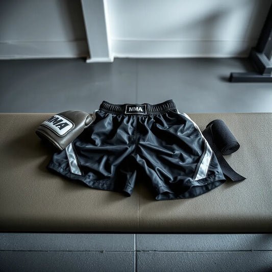 MMA shorts on a bench beside training gloves and hand wraps in a clean gym setting