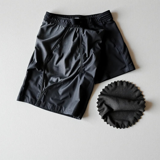 MMA shorts and rashguard on a training mat with visible textured fabric and reinforced seams